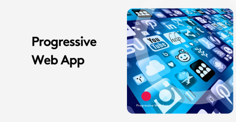 Progressive Web App text with blue app icons background
