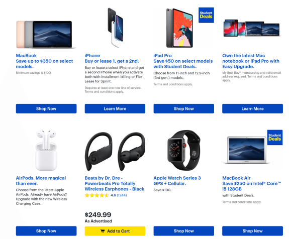 Apple product advertisement featuring MacBook, iPhone, iPad, AirPods, and more with offers and student deals.