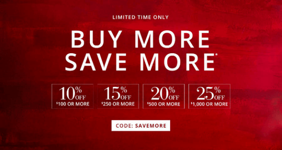 Red promotional image with buy more save more sale offers and discount code.