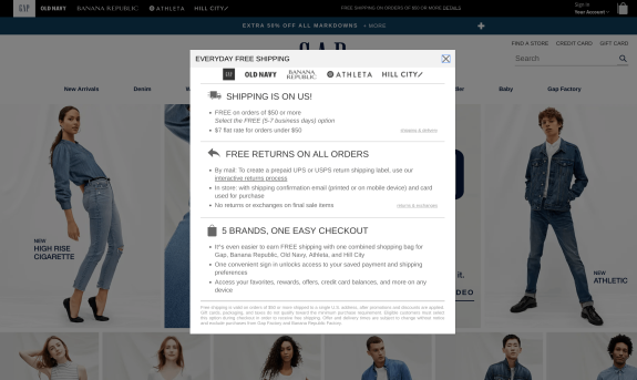 Popup displaying Gap's free shipping and returns promotion on a website with clothing images.