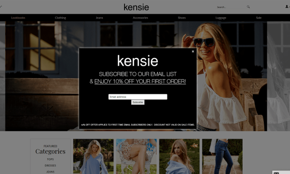 Kensie website popup offering 10% off for email subscription