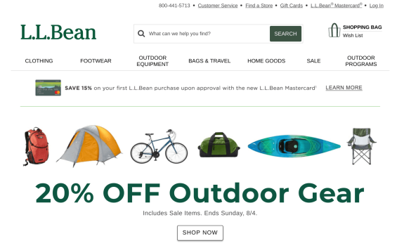 LL Bean outdoor gear sale banner with 20 percent off promotion