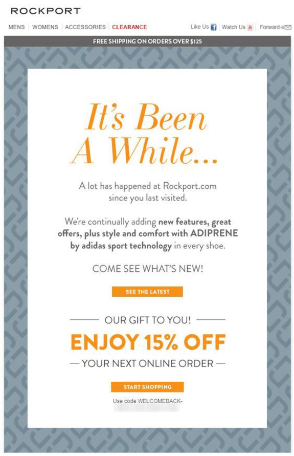Rockport promotional email offering 15 percent off next online order with discount code.