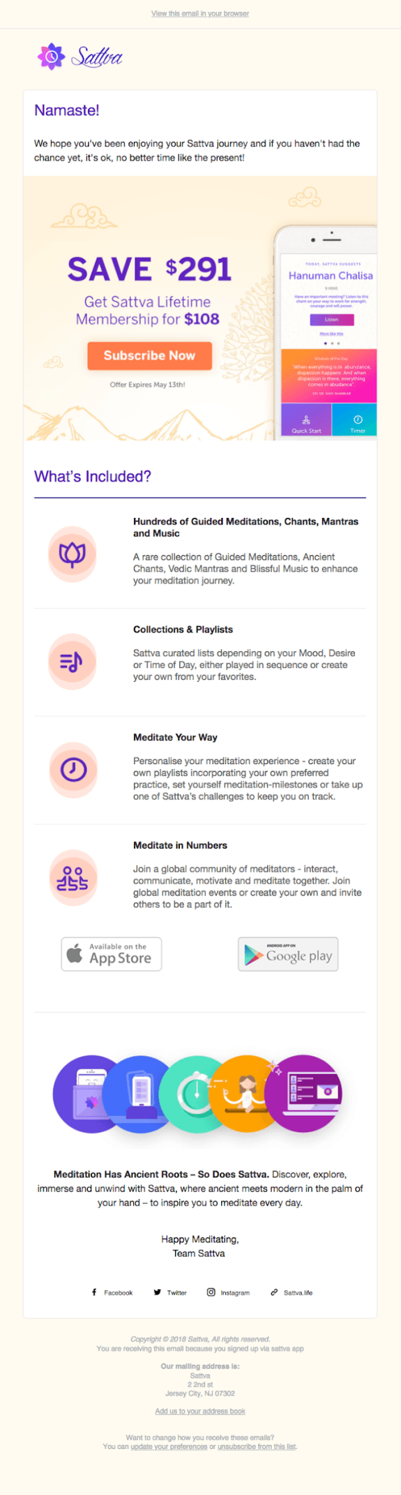 Email showcasing Sattva lifetime membership offer and meditation features.
