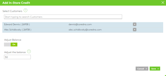 Add in-store credit interface showing customer selection and balance adjustment options.