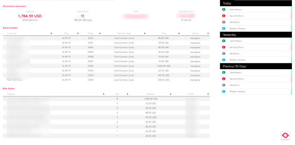 Ecommerce dashboard showing sales summary, recent orders, and best sellers.
