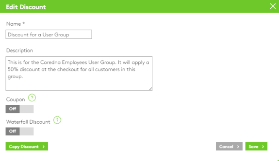 Edit discount settings for user group showing 50 percent discount option.