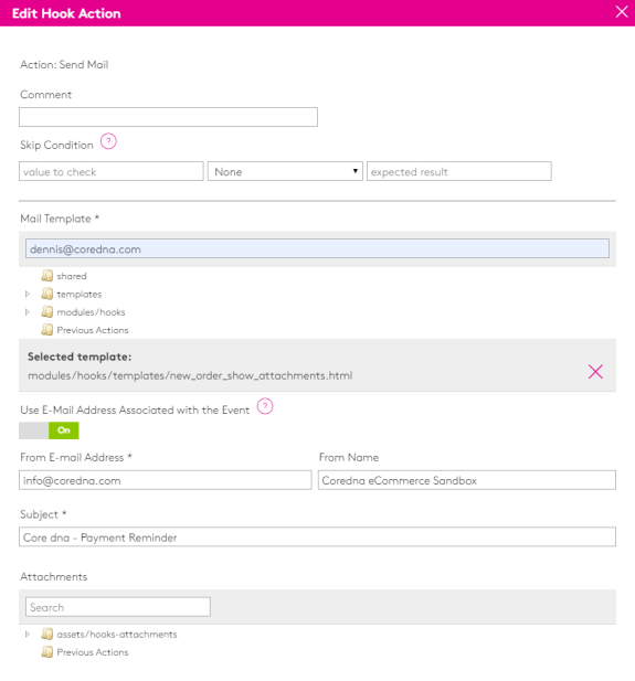 Screenshot of email hook action edit settings with fields for email template and sender details.