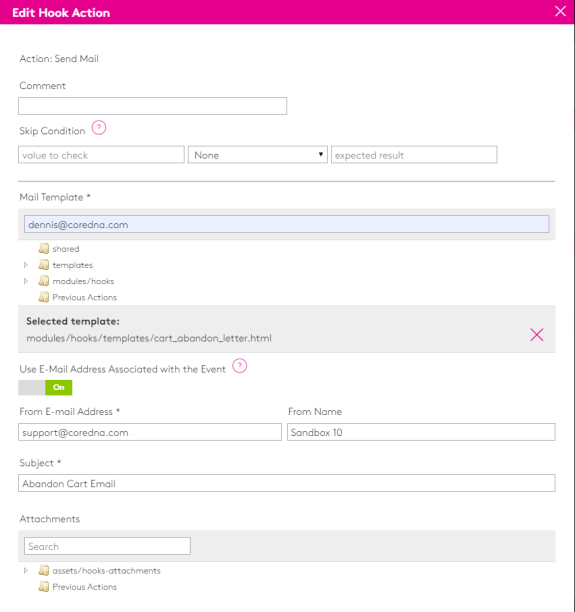 Email template editor interface showing setup for cart abandon email.
