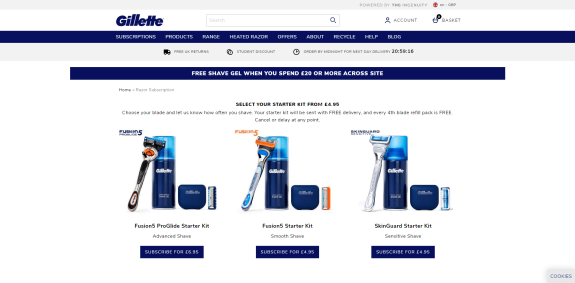 Gillette razor subscription page showing Fusion5 and SkinGuard starter kits with prices.
