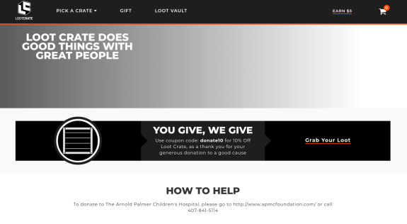 Loot Crate charity promotion with coupon for Arnold Palmer Children's Hospital donation.