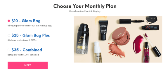 Monthly beauty plan options with makeup products and pricing details.