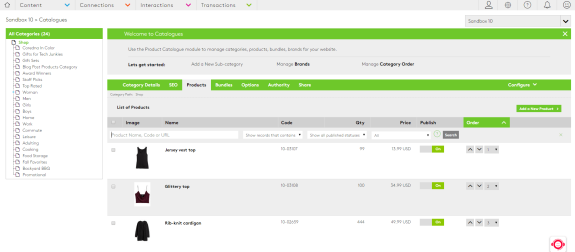 Product catalogue management interface showing clothing items and details.