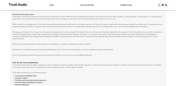 Tivoli Audio privacy policy page detailing data protection and usage information.