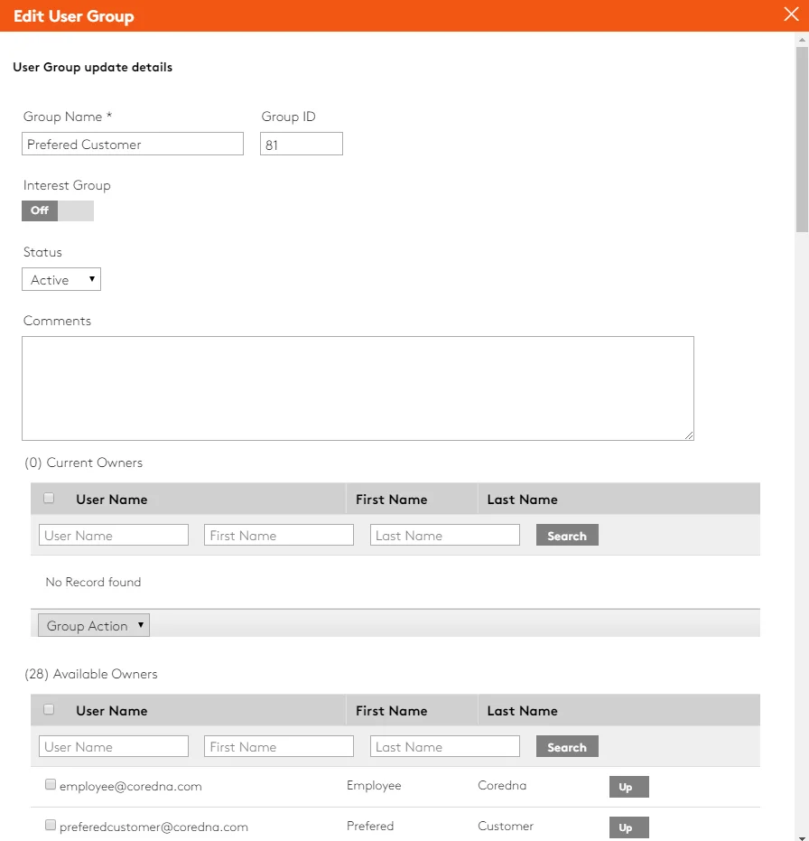 Edit user group interface for updating group details and owners.
