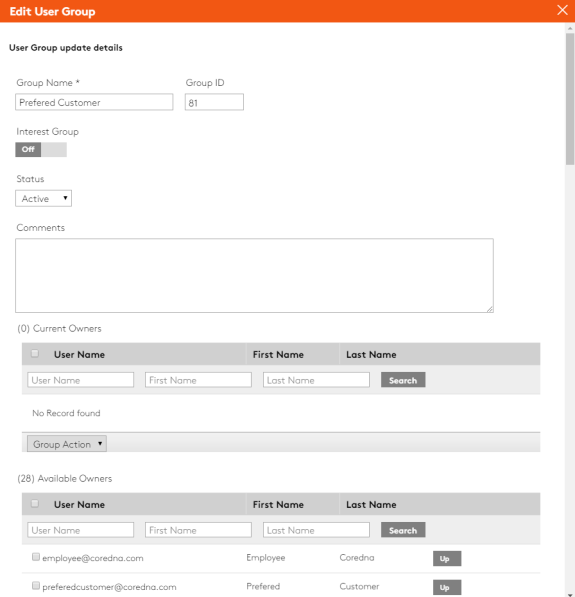 Edit user group interface for updating group details and owners.
