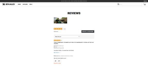 Stanley product review page showing a positive customer review and product image.