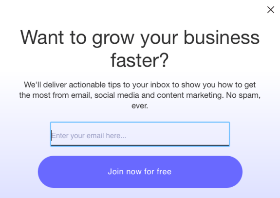 Email signup form for business growth tips with a join button.