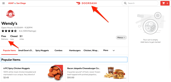 DoorDash display showing Wendy's menu and closed status
