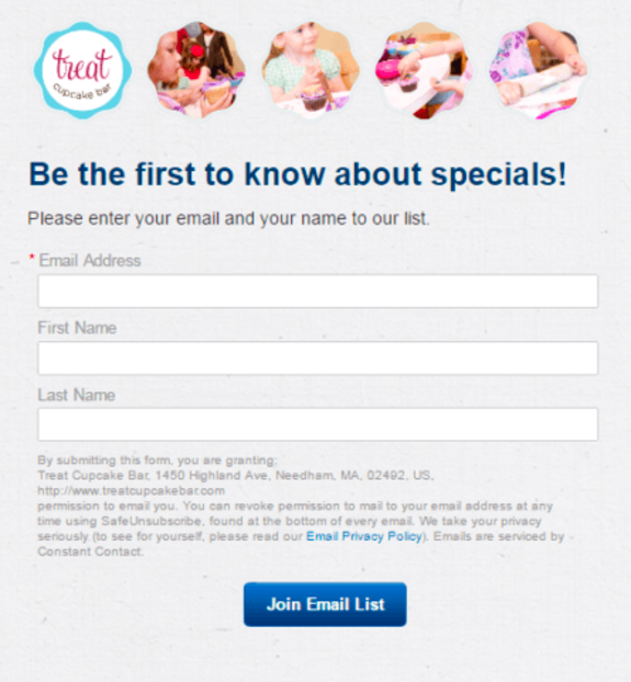 Email signup form for Treat Cupcake Bar with fields for email and name.