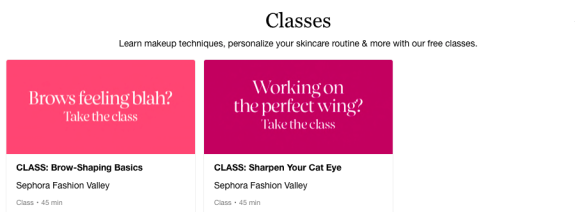 Image showing Sephora makeup classes for brow shaping and cat eye techniques.