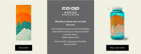 Member exclusive offer featuring towel and water bottle with mountain design.