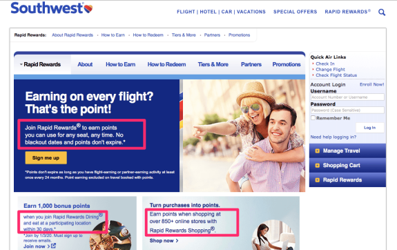 Southwest Airlines Rapid Rewards program webpage with earning points details and login options.