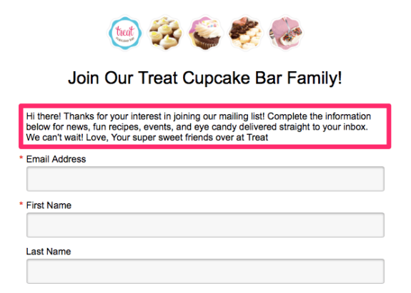 Cupcake bar mailing list signup form with email and name fields.