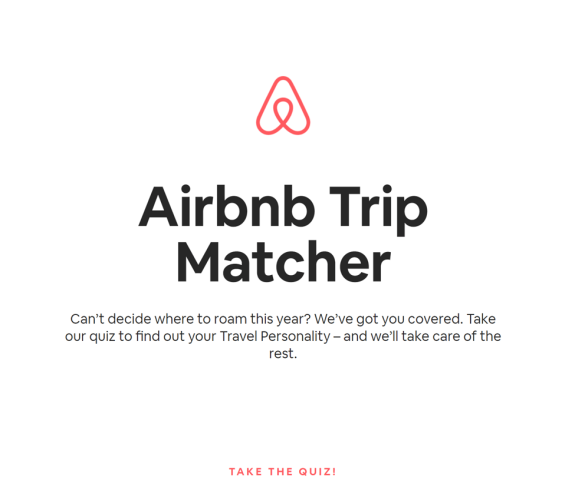 Airbnb Trip Matcher promotion with logo and quiz invitation text.