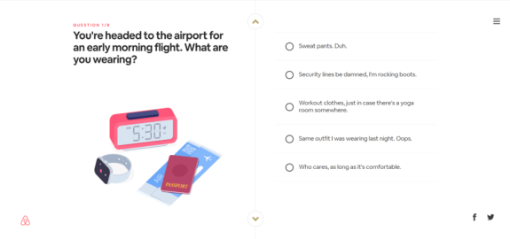 Airport early morning flight questionnaire with clothing choices and illustration of an alarm clock, passport, and boarding pass.