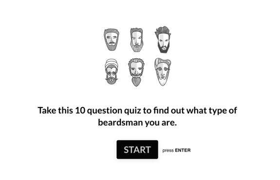 Quiz start screen with six different beard styles and a start button.