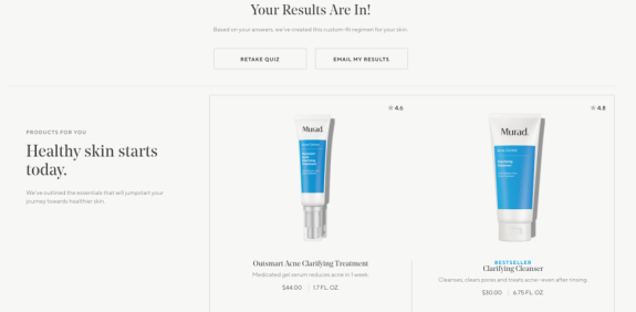 Murad skincare products for acne treatment displayed with descriptions and prices.