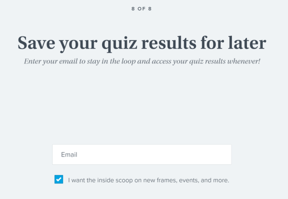 Quiz results email signup form with checkbox option