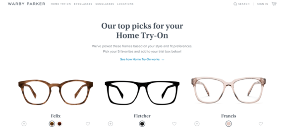 Warby Parker home try-on eyeglasses selection with three frames: Felix, Fletcher, and Francis.