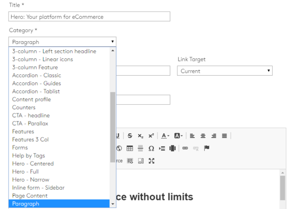 CMS interface showing category dropdown and text editor options.