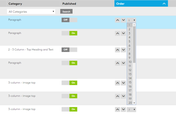 Content management dashboard with category and order settings displayed.