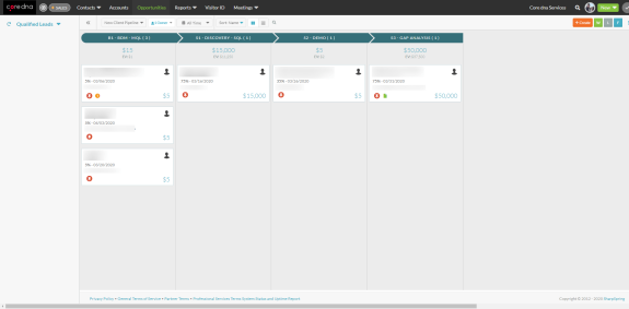 CRM dashboard showing sales pipeline with stages and opportunities.