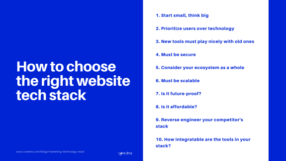 Guide on choosing the right website tech stack with 10 considerations on a blue and white background.