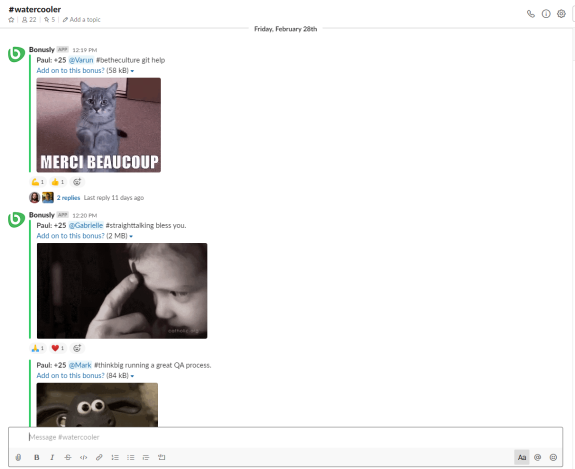 Screenshot of a Slack channel with users sharing GIFs and bonuses.