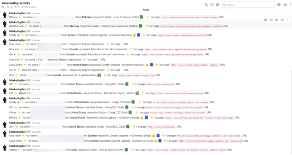 Slack channel showing marketing activity log with various user requests and URLs.
