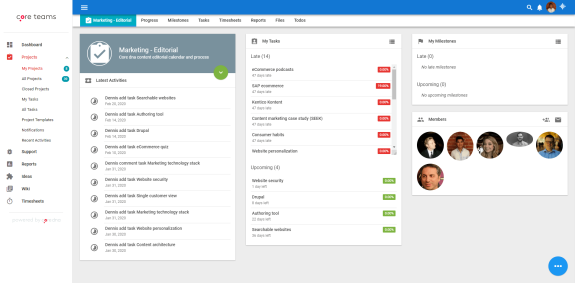 Project management dashboard showing tasks, progress, and team members.
