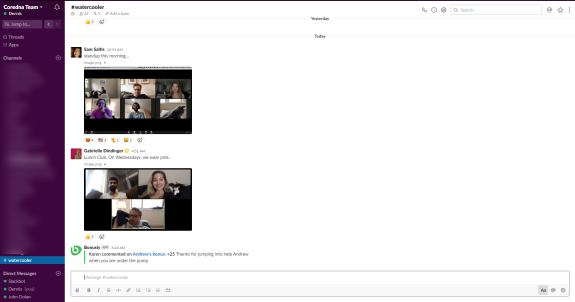 Slack channel showing video call meetings and chats in #watercooler.