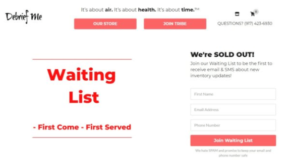 Debrief Me waiting list signup page with form for inventory updates.