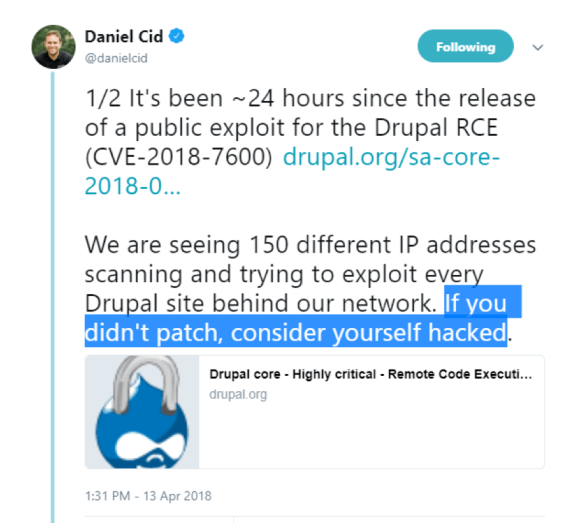 Tweet warning about Drupal RCE exploit with highlighted text