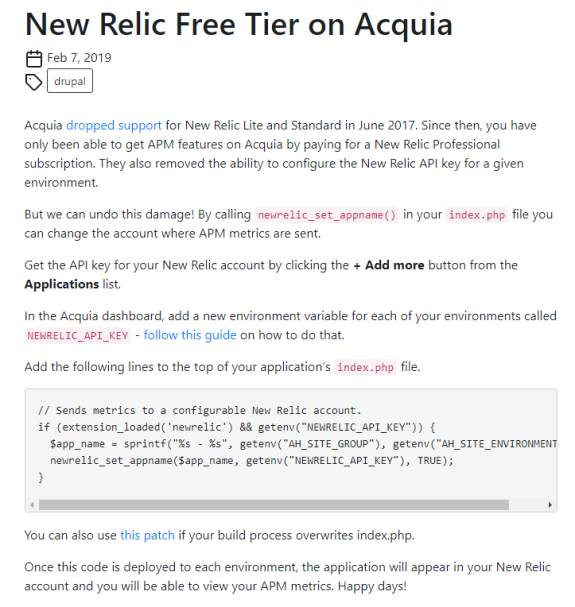 Instructions for setting up New Relic free tier on Acquia with code snippet