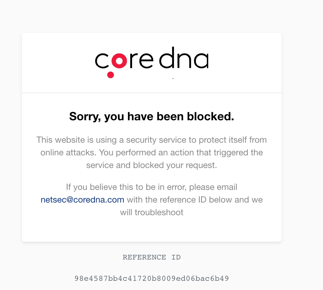 Coredna security block message with contact email for troubleshooting.