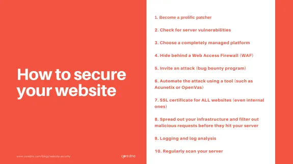 Image showing ten steps to secure your website with a red and white design.