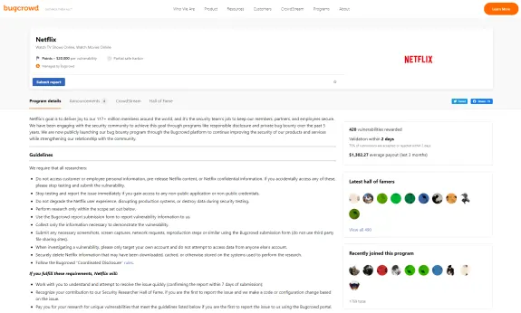 Screenshot of Netflix's bug bounty program details on Bugcrowd platform.