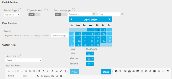 CMS interface showing publish settings and calendar for April 2020.
