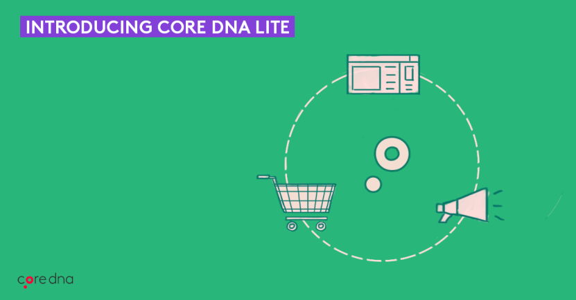 Core DNA Lite introduction with shopping cart, website, and megaphone icons on green background.